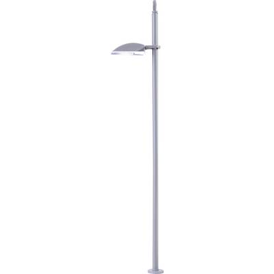 A modern metal street lamp with a curved luminaire design.