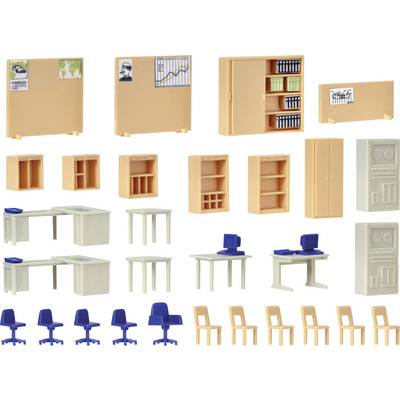 Miniature furniture for office scene: Desks with monitors, chairs, shelves with files and pin boards with diagrams.