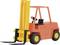 An orange-yellow toy forklift with black tyres and two forks, viewed from the side profile.