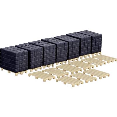 Several stacked black plastic sheets on wooden pallets, arranged in rows.