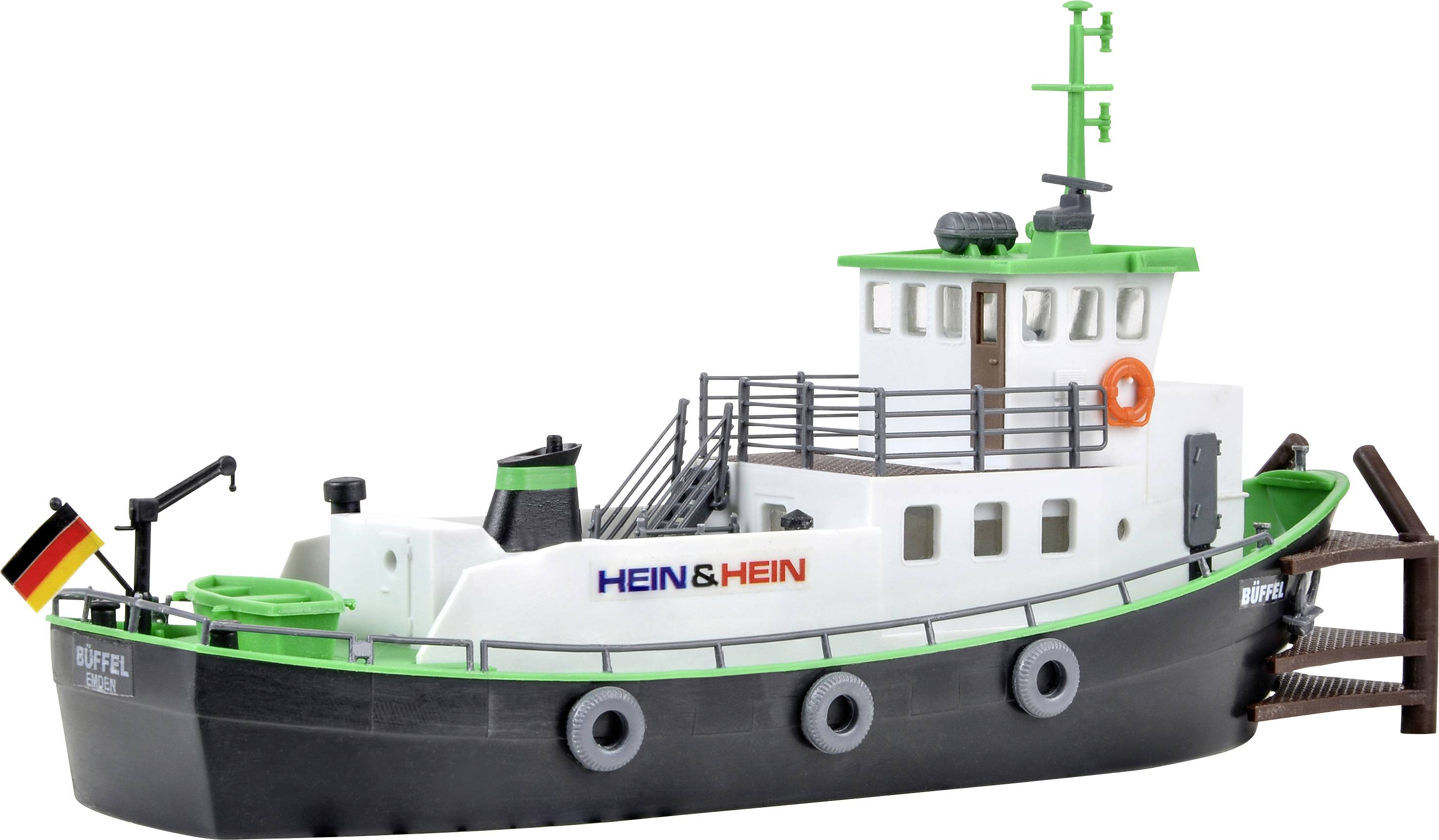 The image depicts a small German ship model with coloured details and the inscription 'HEIN & HEIN' on its side.