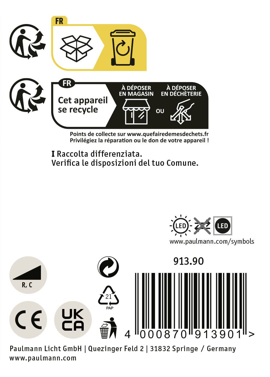 'This device can be recycled.' Recycling and disposal information. Manufacturer details below.