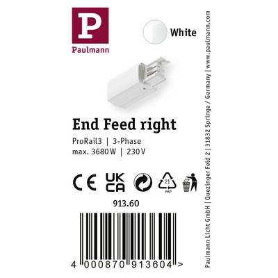 'Paulmann ProRail3 End Feed Right' in White, max. 3680 W, 230 V, for Three-Phase Tracks. CE and UKCA certified. Price: £913.60.
