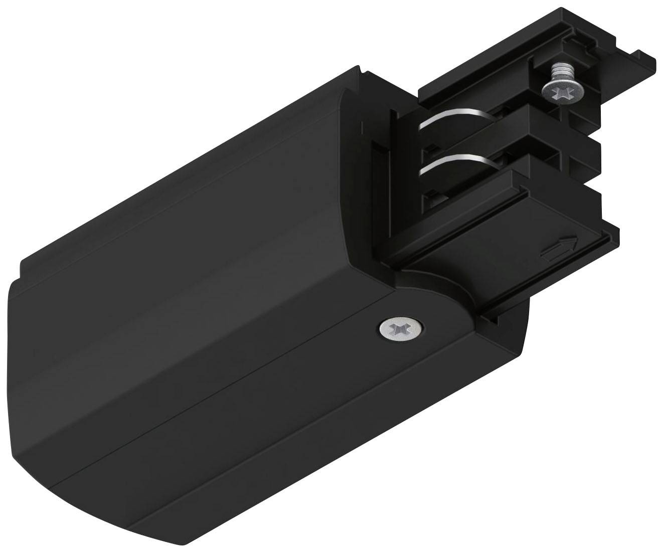 'Black electrical connector for rail systems, with two visible screws and a robust housing.'