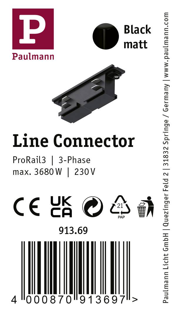 'Sign with product image of a black matte Line Connector by Paulmann for ProRail3, 3-phase, max. 3680W, 230V.'