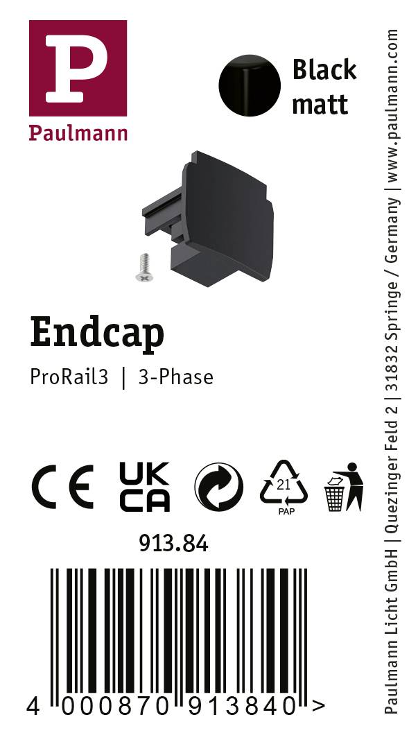End cap for ProRail3, 3-phase system, colour Matt Black, article number 913.84 by Paulmann.