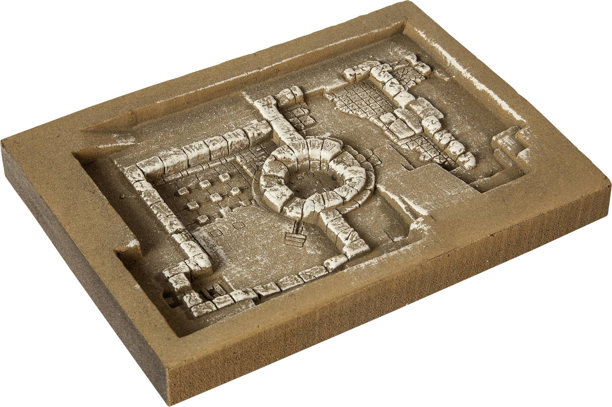 A rectangular model displays the ground plans of ancient ruins in sand-coloured tones with detailed stone structures and a central circular area.