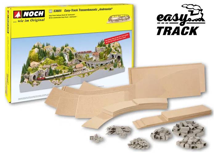 'Noch Easy-Track Set' packaging shows a model landscape with tracks. Contents include track components and layout ideas.