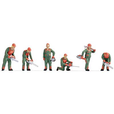 Six miniature figures in work attire and hard hats performing various tasks with chainsaws.