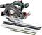 Metabo cordless circular saw, model KS 18 LTX 57 with guide rail, for precise cuts in wood.