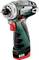 Cordless drill in green and black with a red handle. Branded 'metabo', voltage: 12 V. Compact, cordless design for screw-driving tasks.