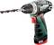 Cordless drill in green and black with a drill bit attachment. 'Metabo' model with voltage specification of 12 V on the red handle.