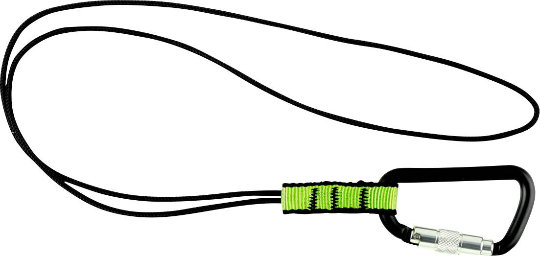 Black carabiner hook with green accents and black rope. Used for safety purposes or attachments.