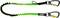 Green, elastic safety lanyard with two silver carabiners at the ends, used for securing tools when working at height.