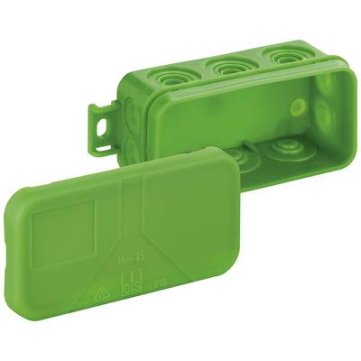 Green electronics enclosure with removable lid, suitable for outdoor use. Protects wiring, model 'Mini 25'.