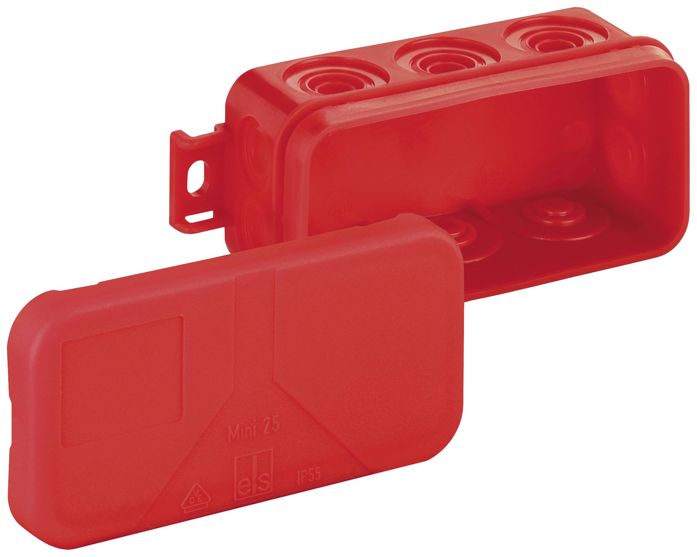 Red junction box with removable lid, suitable for electrical connections. Square shape, three cable entry points on top.