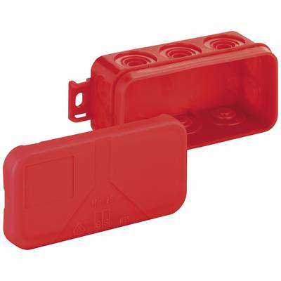 Red junction box with removable lid, suitable for electrical connections. Square shape, three cable entry points on top.