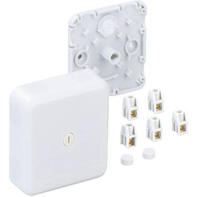 A white electric junction box with a removable cover, compatible terminals, and mounting components.