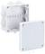 Opened white plastic distribution box with removable cover and cable entry points on the sides.