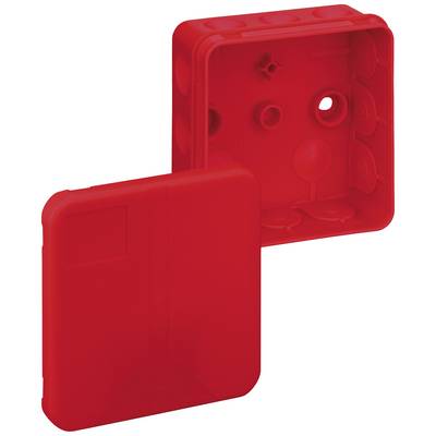 'A red plastic casing with a removable cover. Suitable for wall-mounting electrical installations.'