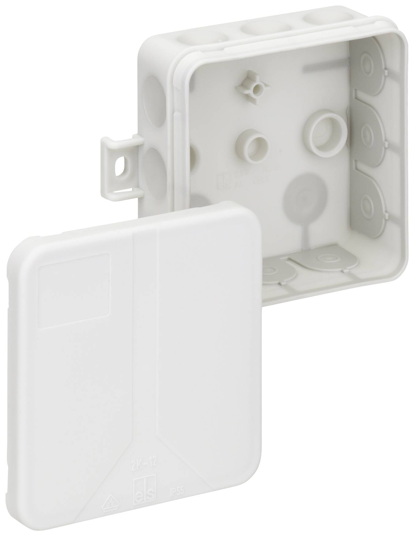 White, square plastic surface-mounted junction box with a removable lid, suitable for wall-mounting electrical installations.