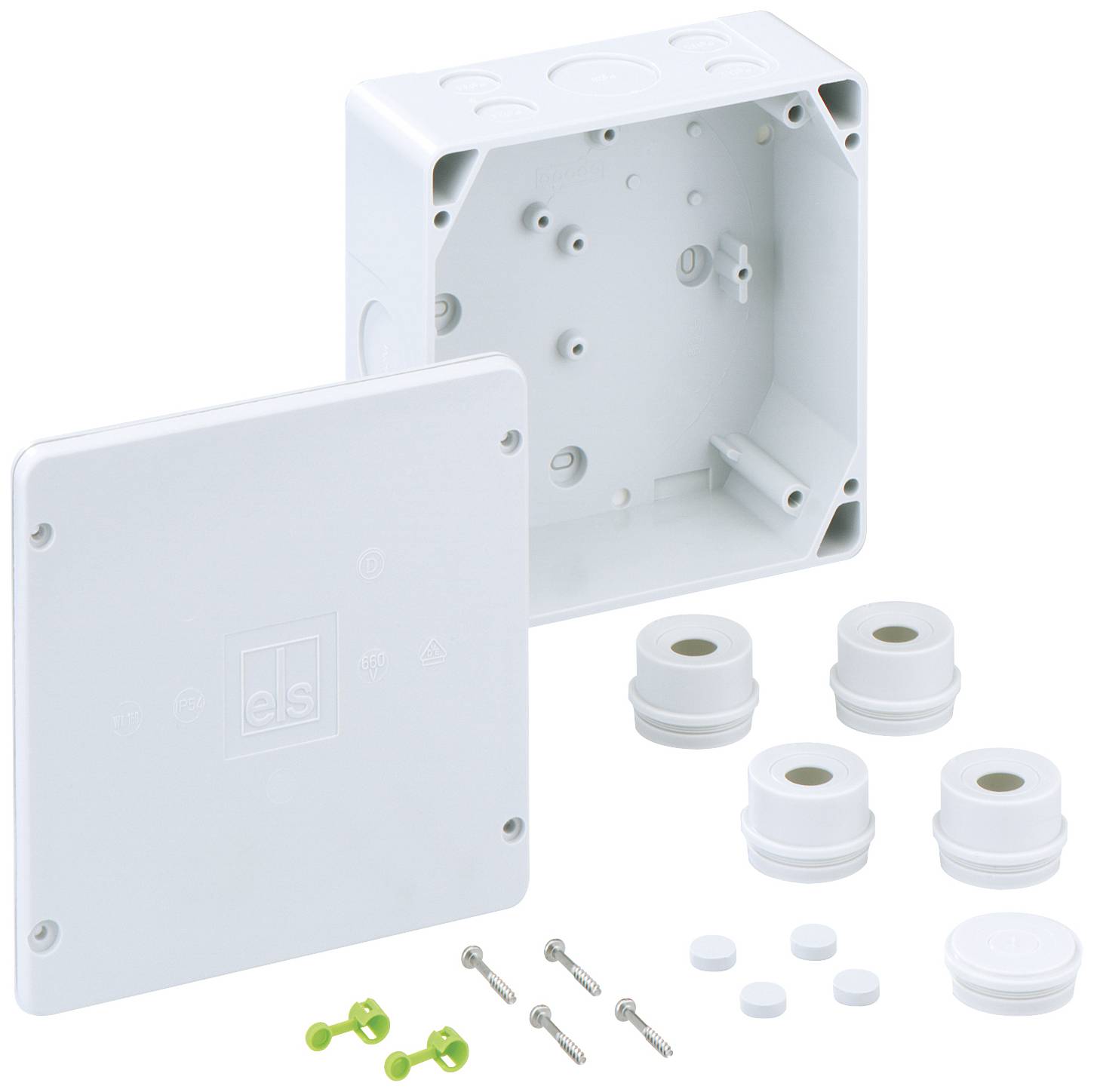 Electrical junction box with cover, seals and screws, suitable for wiring and protection of electrical connections.