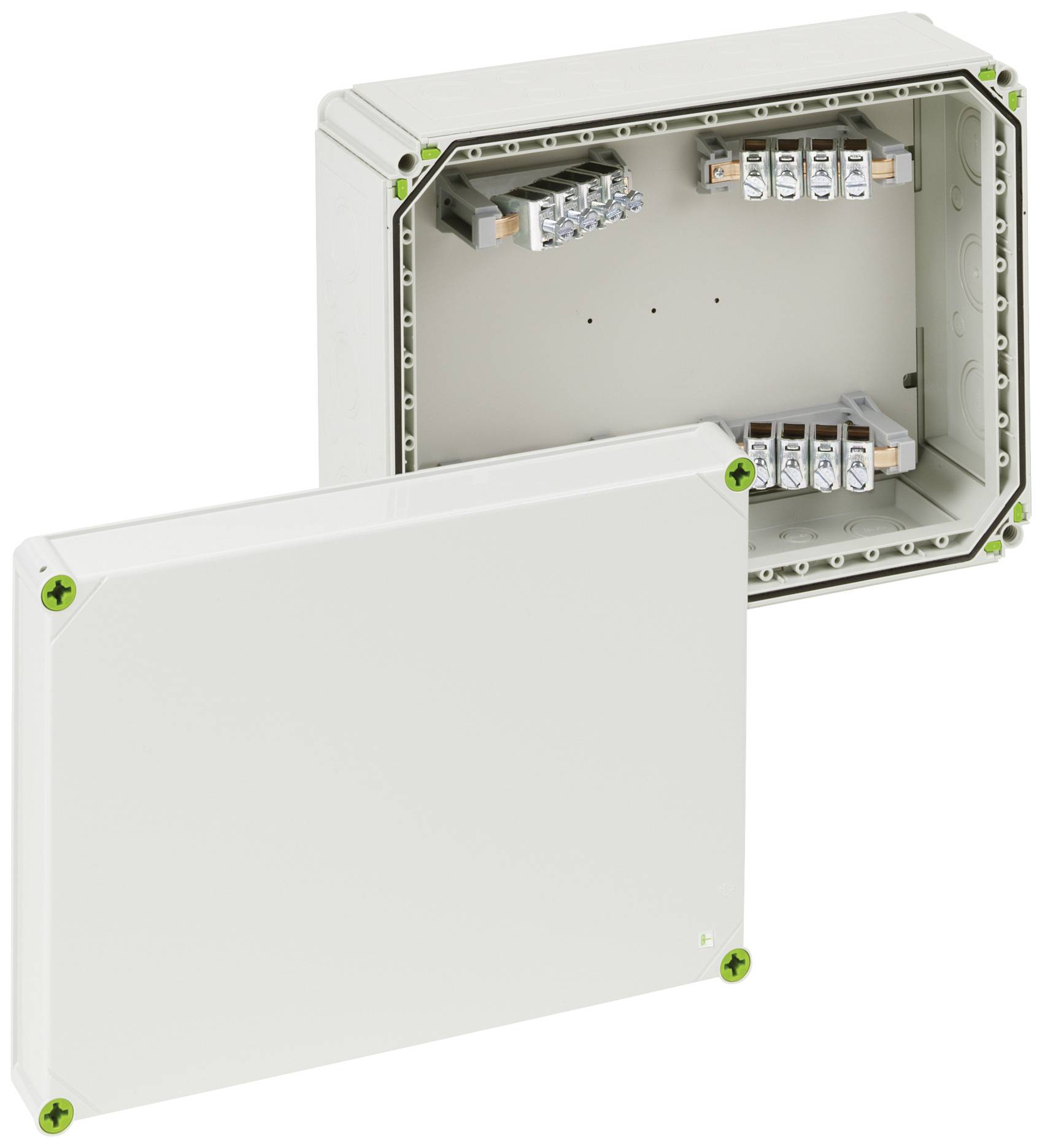 Electrical junction box with an open lid, revealing internal wiring and connection terminals. Housing in a neutral design.