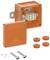 Orange junction box with transparent lid, terminal block visible inside. Contains screws and blanking plugs. Suitable for cable connections.