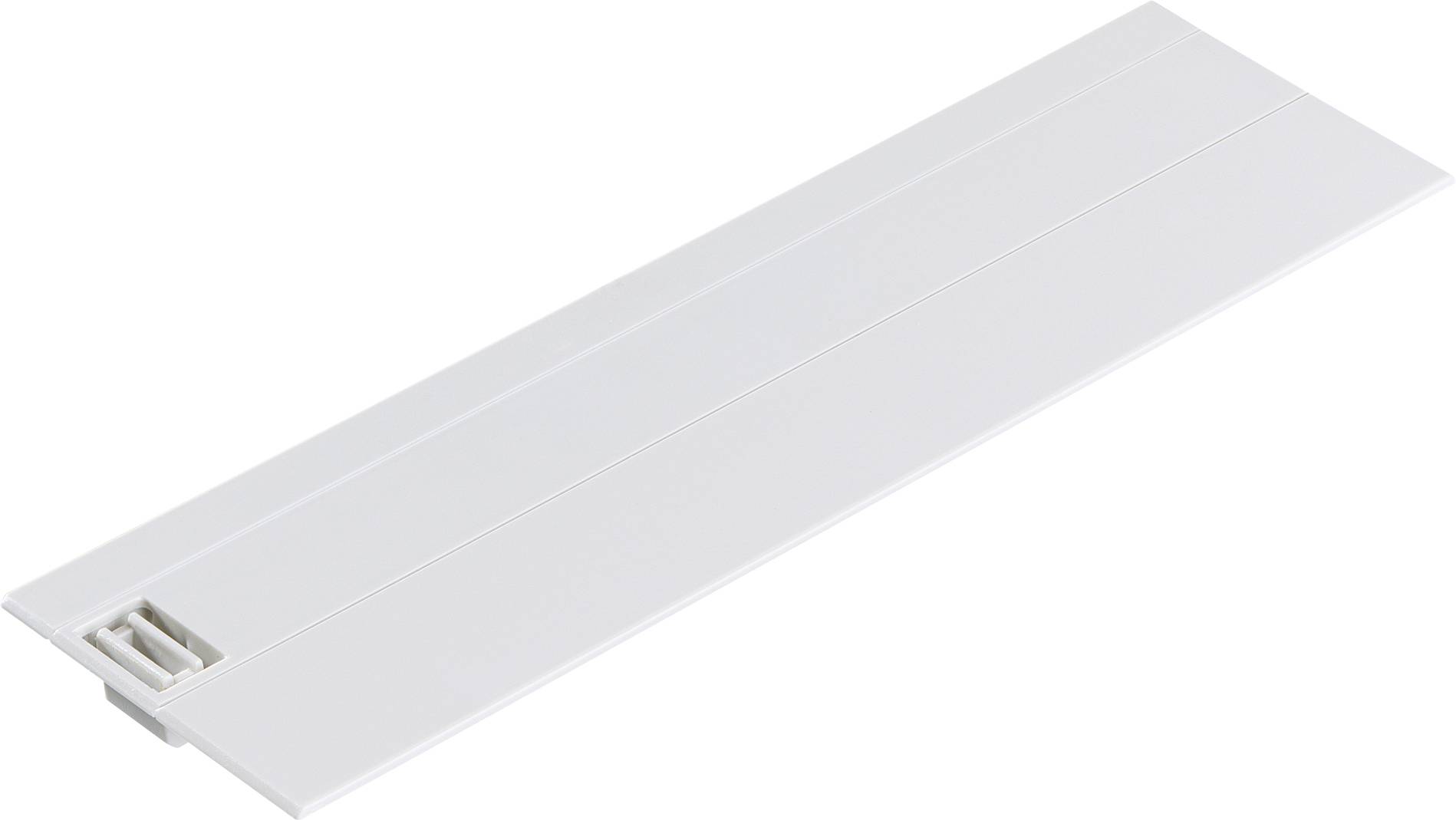 A rectangular, white plastic lid with a small integrated slider on the left side.