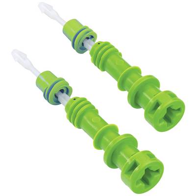 Two green plastic screws with blue and white detailing. They appear to be designed for connecting or fastening objects.
