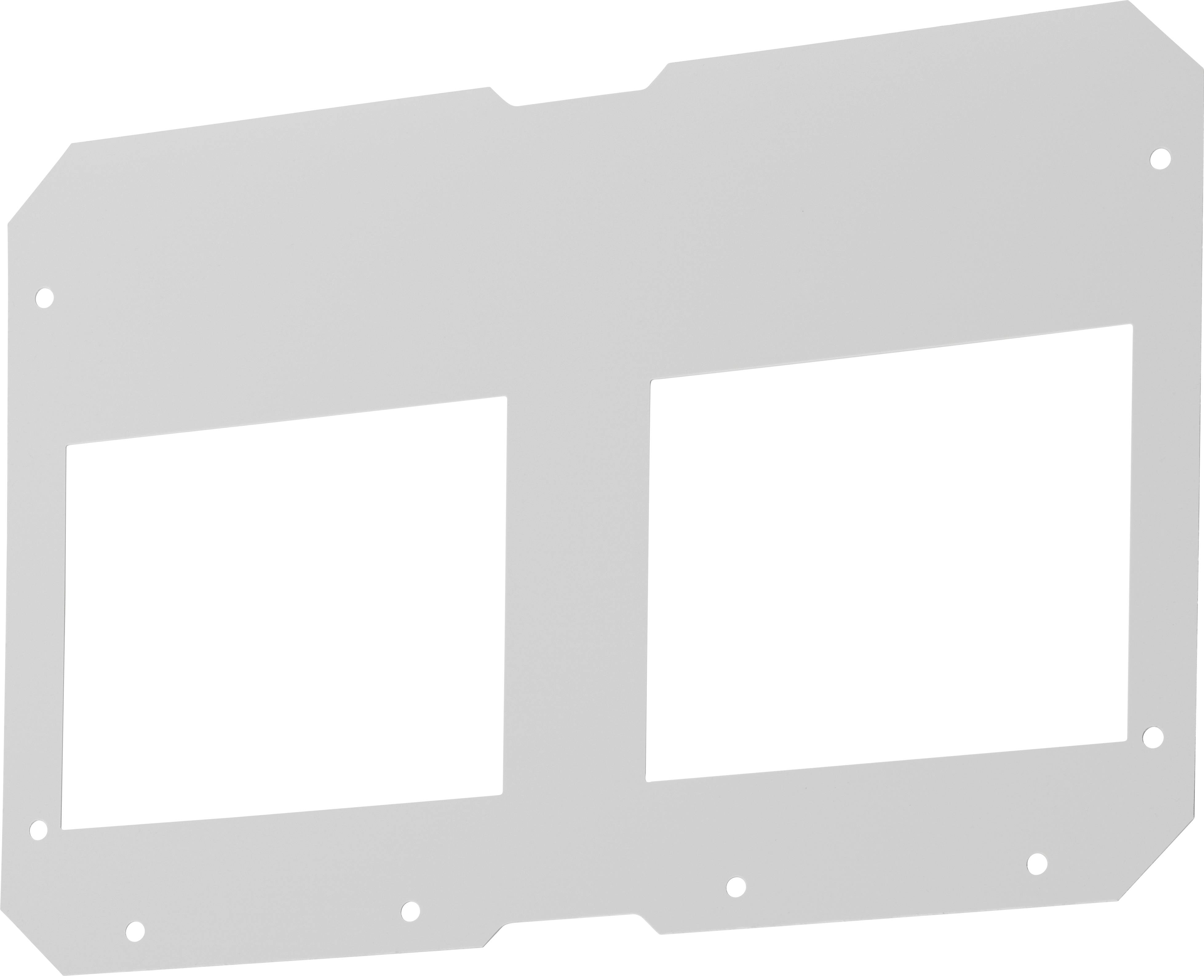 'Metal plate with two rectangular cutouts and eight round holes around the edge, against a white background.'
