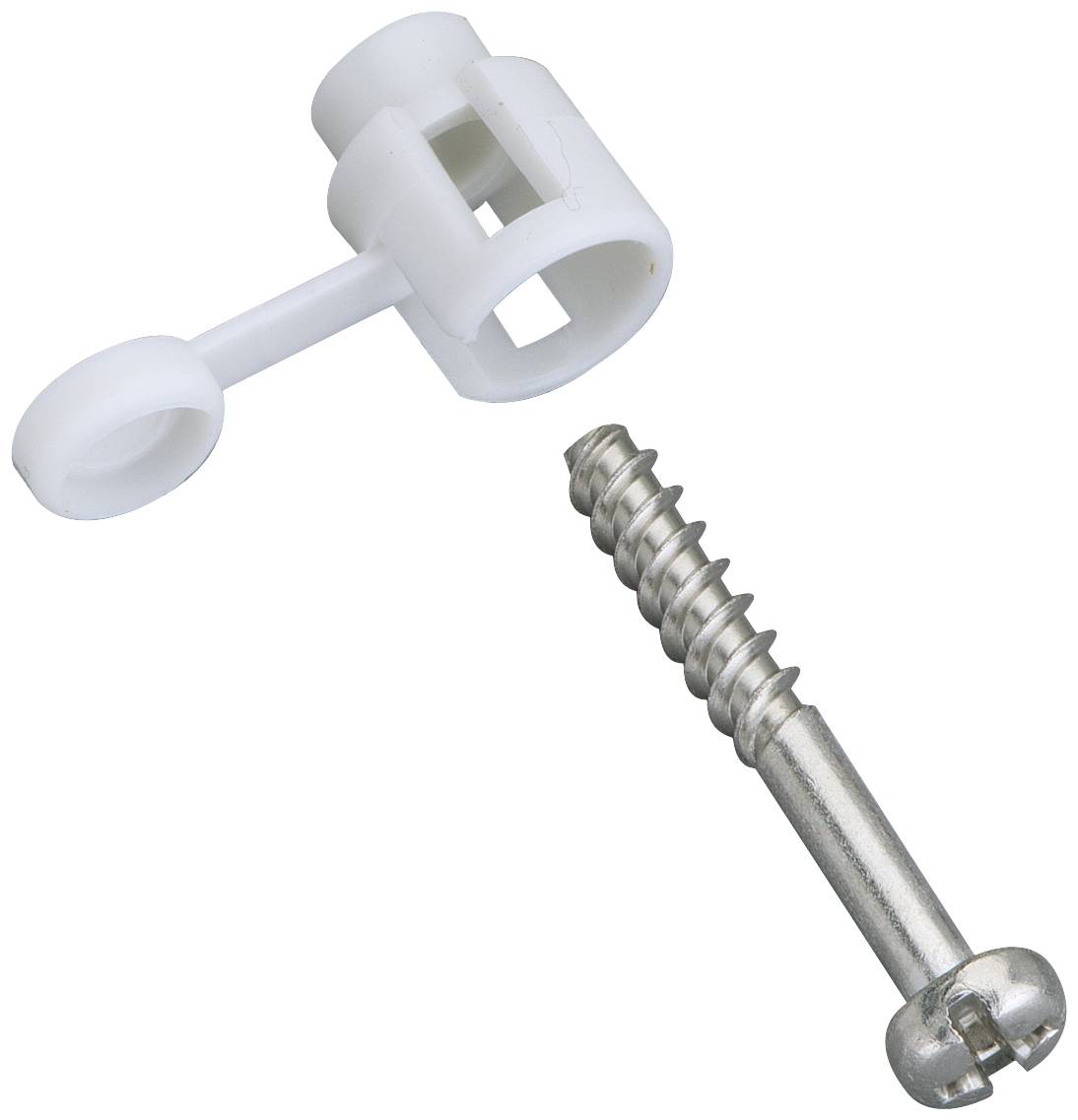 A white plastic wall plug and a silver screw lie side by side, suitable for quick and easy wall mounting.