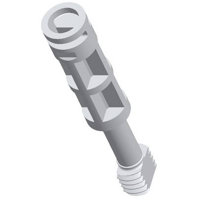 Grey 3D representation of a cylindrical component with multiple grooves and a rectangular block at its end.