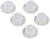 Five white, round plastic bushings on a white background.