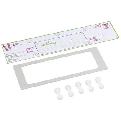 Product leaflet and accessory parts of an electrical installation kit by Spelsberg, including frame and mounting pins.