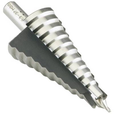 Metal stepped drill bit with a tapered shape and multiple cutting stages for different hole sizes in one tool.