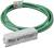 'Green network cable with RJ45 plug and white casing, which may contain an adapter or switching device.'