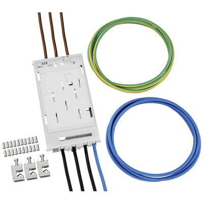 Mounting set with clips, cables in Brown, Yellow-Green, Blue; including connection pieces and mounting base.