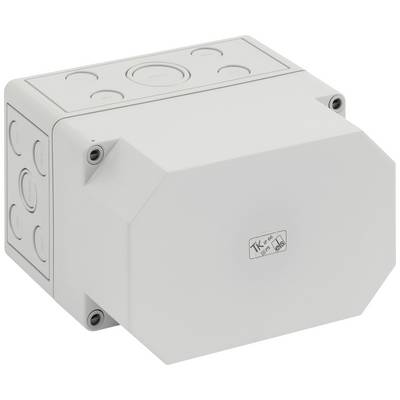 Grey, rectangular distribution box with cover. Screw holes at the corners, side round cable cut-outs.