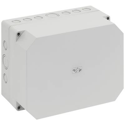 White plastic connection box with a hexagonal front view. Multiple entry openings at the top, with additional access points on the left side.