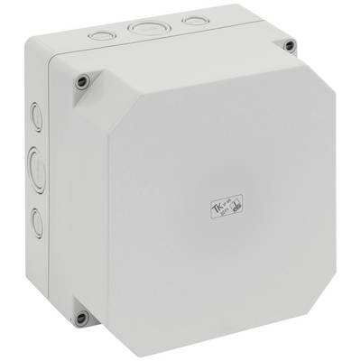Grey-white rectangular electrical socket with four side cable entries, square front face, and brand logo.