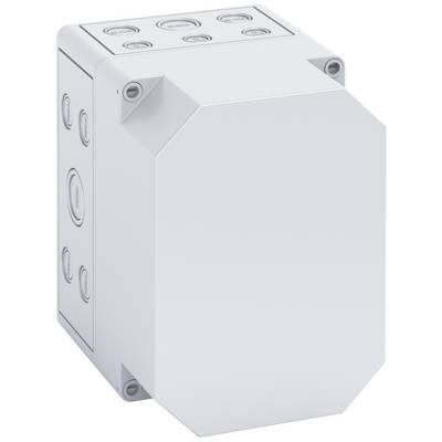 White electrical socket with rounded corners and multiple round cable entry points, for secure wiring.