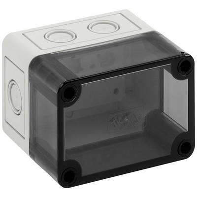 Rectangular, transparent enclosure with rounded corners and side cable entries, suitable for electrical connections.