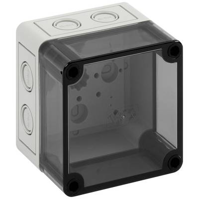 Grey, rectangular enclosure with a transparent lid and side cable entry points, used for electrical installations.