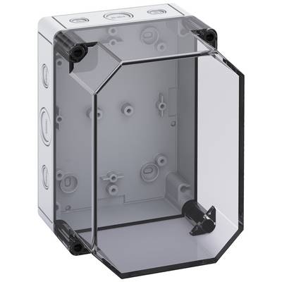 Transparent plastic enclosure with multiple cable entry points and mounting holes, suitable for electrical installations.