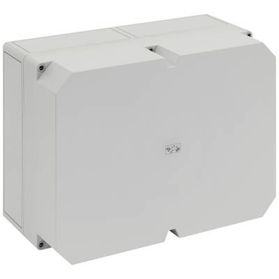 Rectangular, grey enclosure with a smooth surface, bevelled corners. Screw fastenings at the corners.