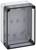 Grey, rectangular plastic enclosure with a transparent lid and rounded corners. It has pre-fabricated mounting points inside.