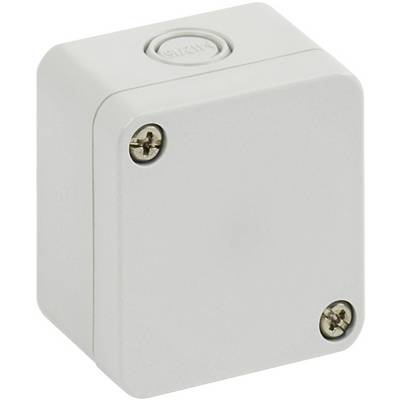 Grey, rectangular junction box with rounded corners and two visible screws.