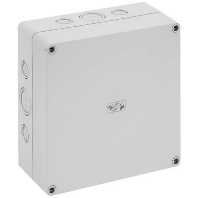White, square plastic junction box with multiple round outlets on the sides and a small symbol on the front face.