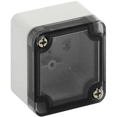 Grey, rectangular plastic housing with a transparent black lid and two visible screws.